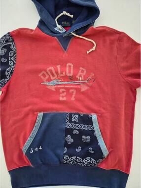Polo Ralph Lauren Hoodie Men Medium Red Bandana Patchwork Short Sleeve Fleece 27
